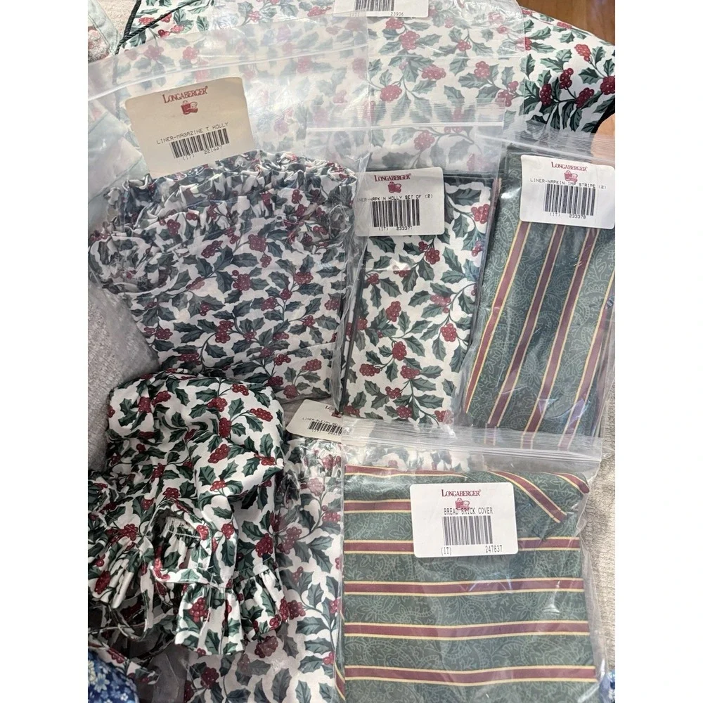 Longaberger Lot Of Holly Berry & Imp Stripe - Liners, Napkins, Table Runner